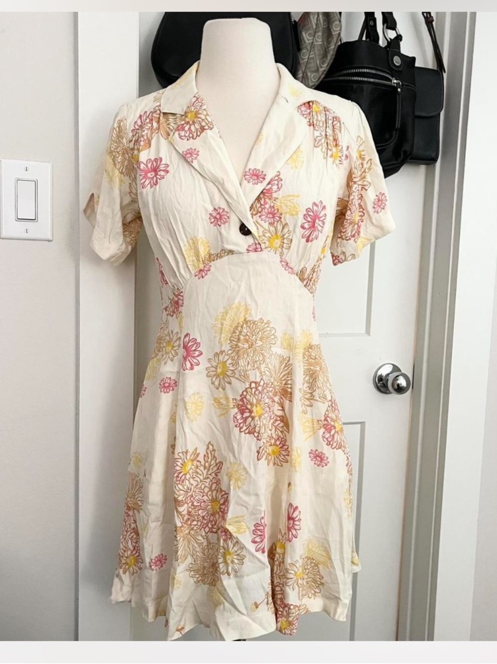 Free People Floral Button-Front Cream Tea Dress with Pink & Yellow Blooms